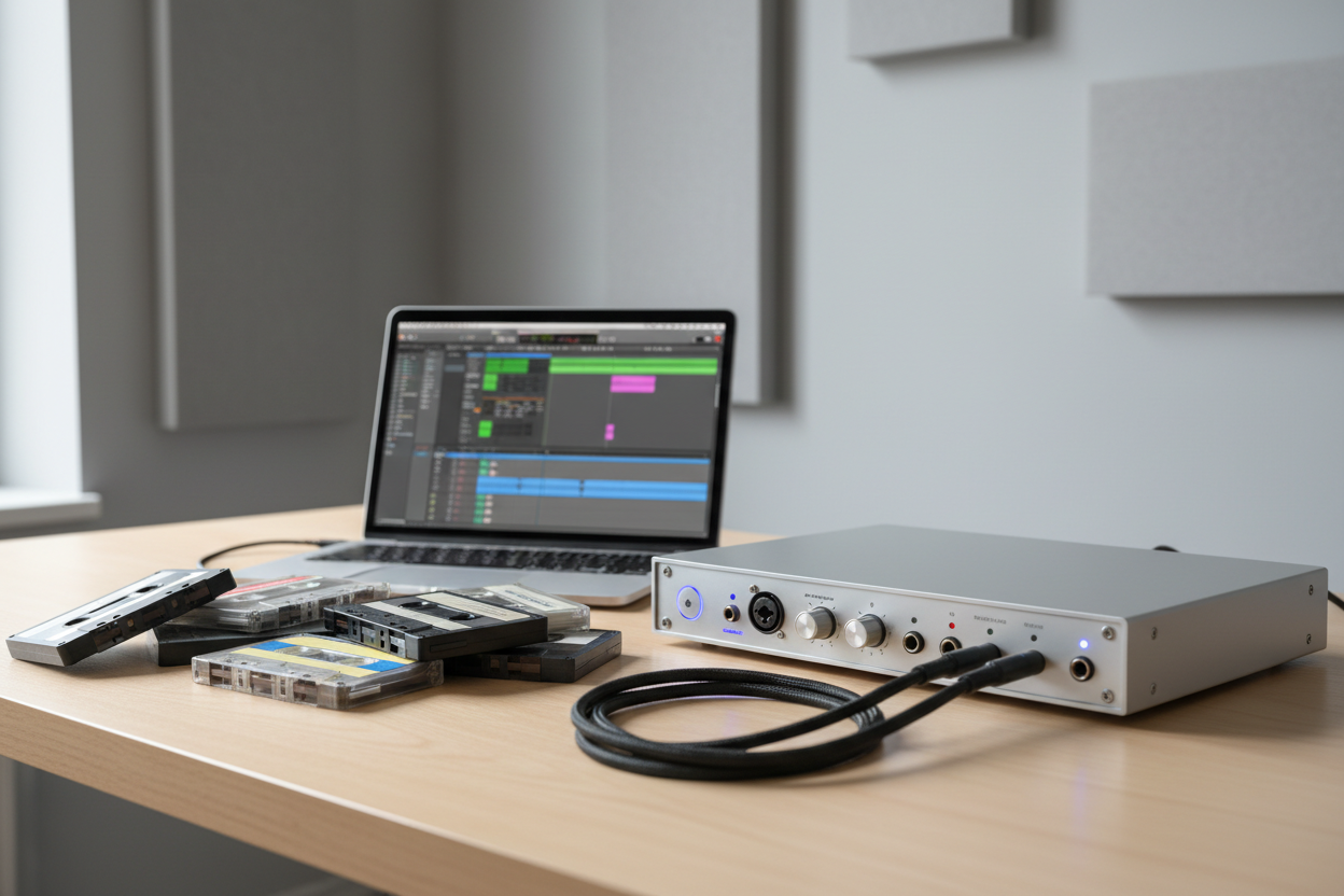 Audio cassette tapes placed next to a modern digital audio interface and laptop, studio environment, clean minimalist background, professional look, soft shadows, no branding