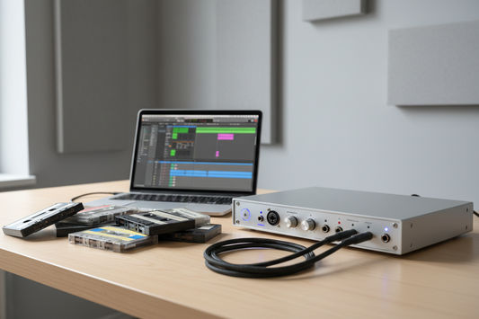 Audio cassette tapes placed next to a modern digital audio interface and laptop, studio environment, clean minimalist background, professional look, soft shadows, no branding