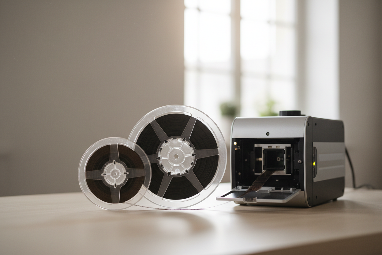Close-up of 8mm and Super 8 film reels on a clean desk next to a professional film scanner, cinematic lighting, modern archival setting, neutral background, realistic style, no text