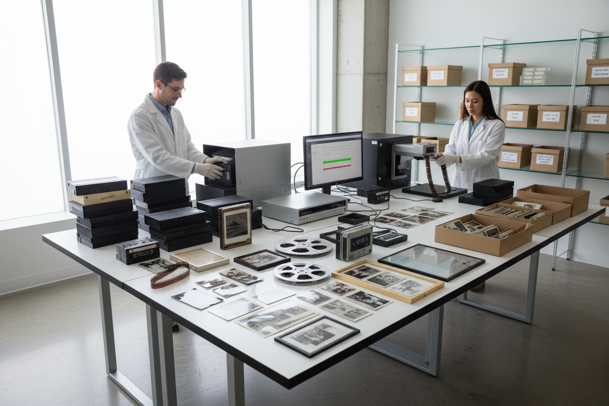 Collection of VHS tapes, film reels, photographs, and audio cassettes being organized and converted on a professional workstation, clean archival environment, modern and minimal, high realism