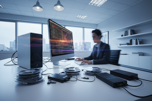 Express digital media workflow scene showing tapes, USB drives, and a computer processing media rapidly, motion blur accents, clean modern office, professional lighting, no text