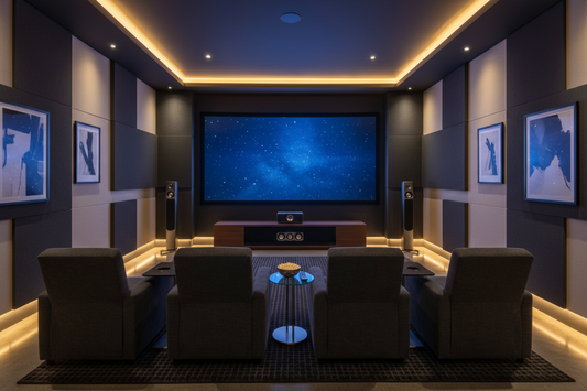 Modern home theater room with large screen, surround speakers, clean cable management, professional interior design, cinematic lighting, realistic photo style, no text
