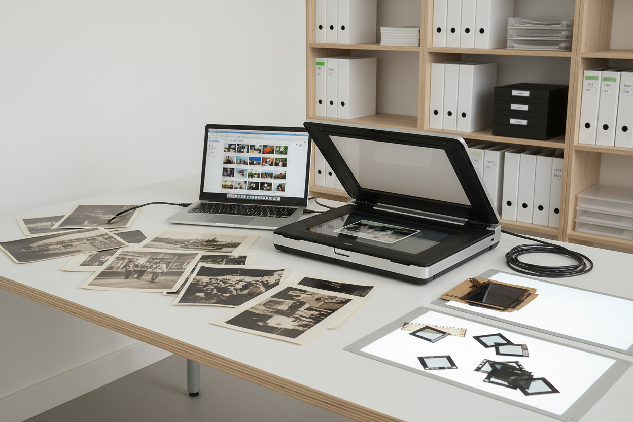 Printed photographs and film slides arranged beside a professional photo scanner, bright neutral lighting, clean workspace, modern archival environment, realistic high-resolution photo, no text
