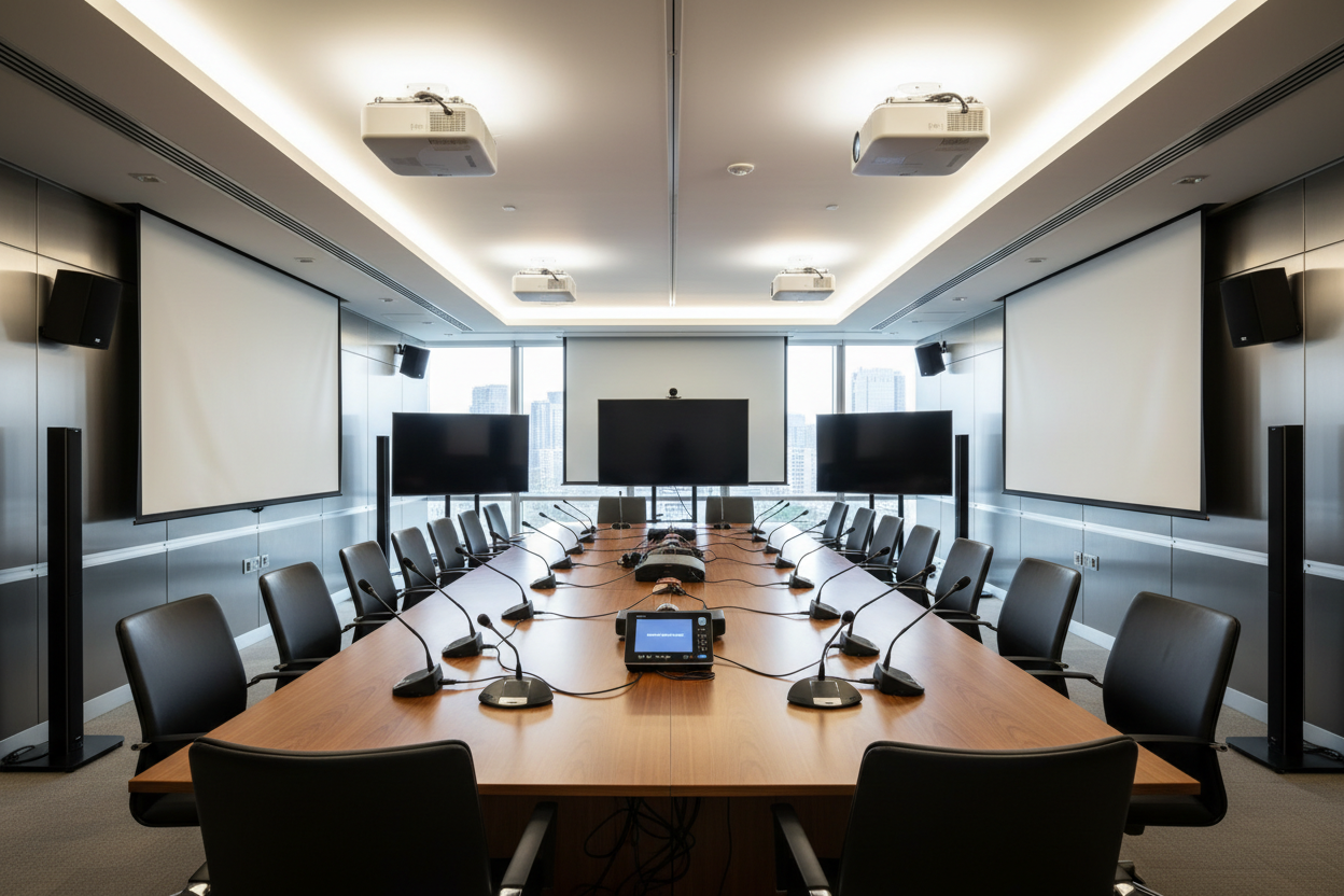 Professional audio-visual equipment setup for a business meeting, projectors, microphones, speakers arranged neatly in a conference room, modern corporate environment, realistic lighting, no people