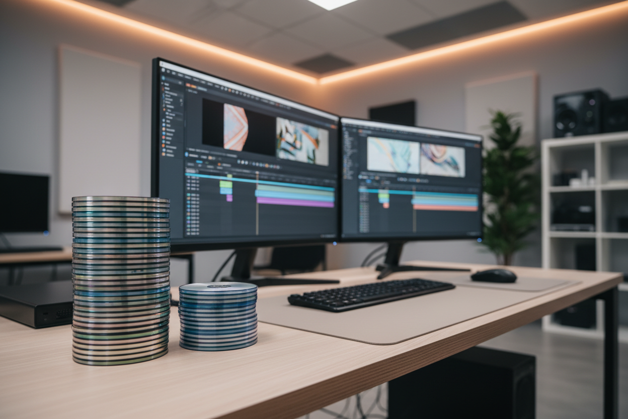 Stack of blank DVDs and Blu-ray discs next to a modern computer workstation, video editing software visible on screen, clean professional studio setup, neutral background, no logos